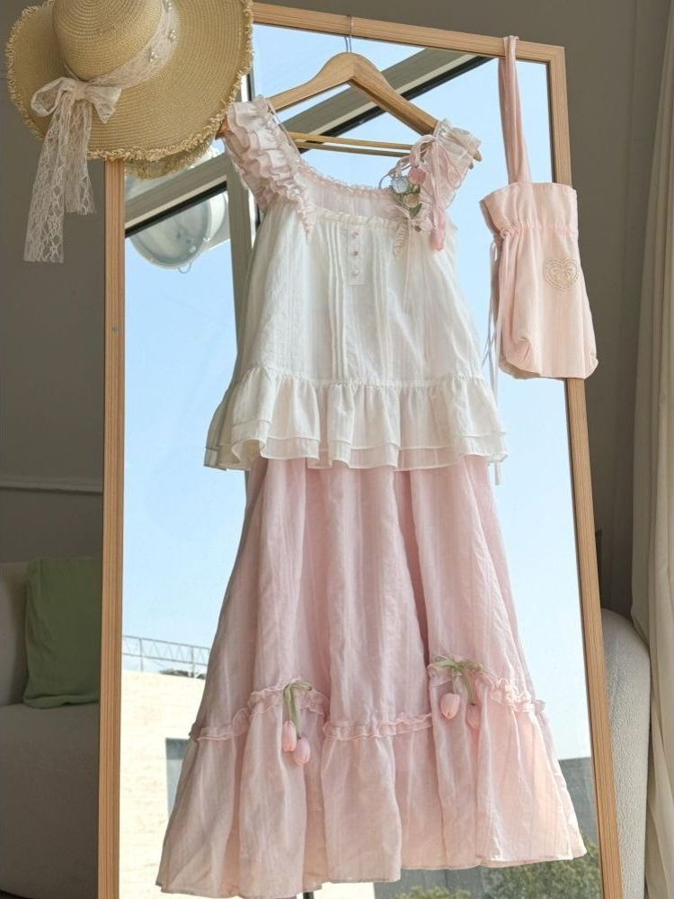 Midi Skirt Floral - Sweet Kawaii Ruffle Trim Tulip Decor
