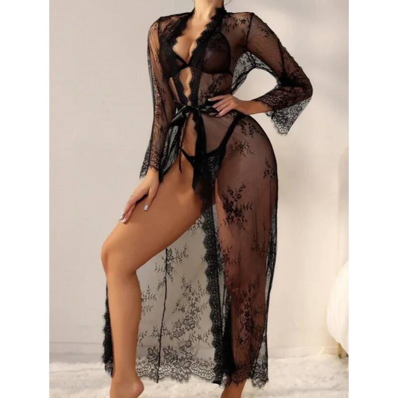 Black Lace Sheer Long Robe For - Kimono Sheer Floral ulasan dan harga
