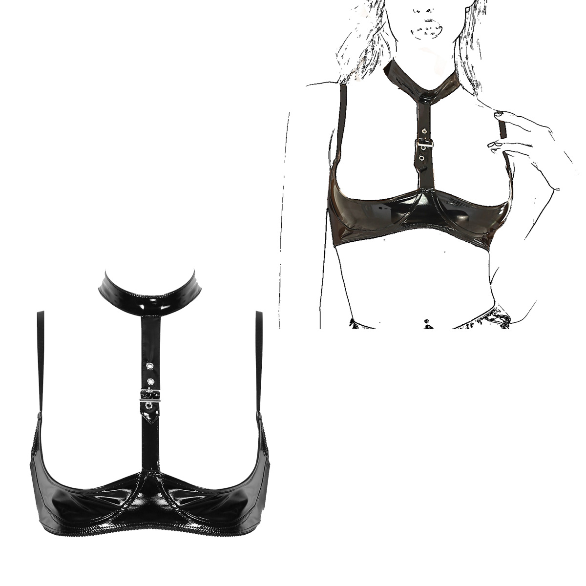 Womens Patent Leather Lingerie - Bralette Triangle Set ulasan dan harga