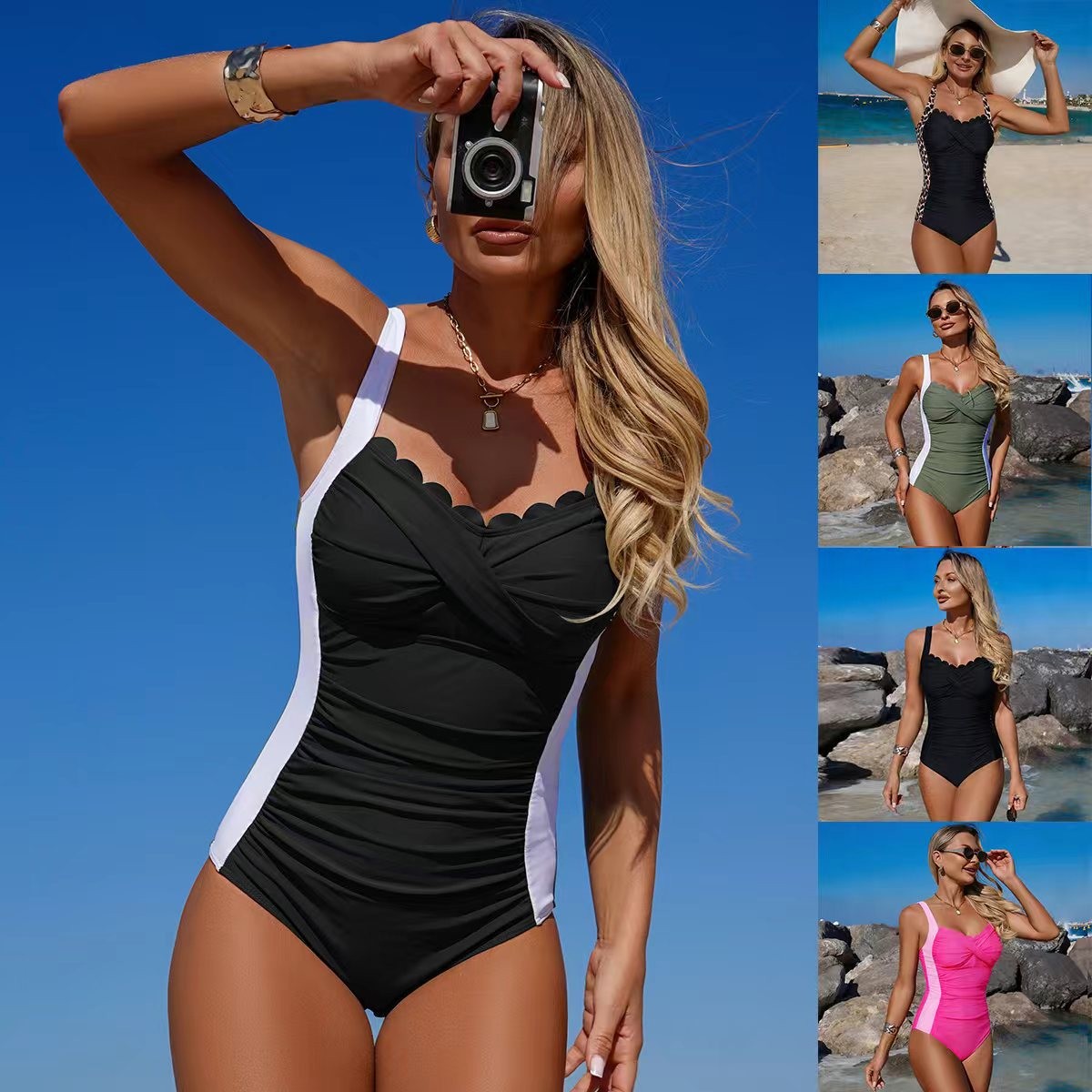 Black Swimsuit Scalloped Neckl - Swimsuit Bikini Ruched ulasan dan harga