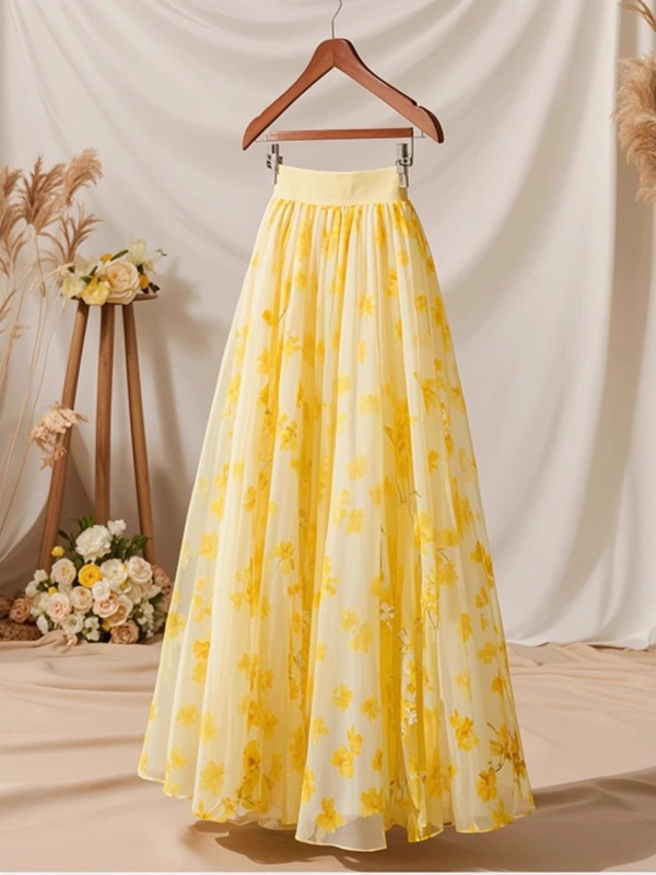 Summer 2026 High Waist Yellow  - Midi Skirt Floral ulasan dan harga