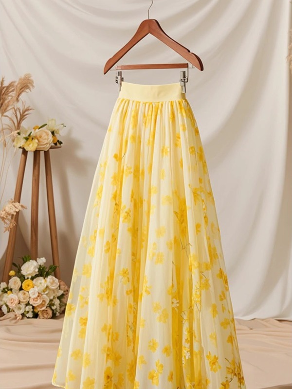 Summer 2026 High Waist Yellow  - Midi Skirt Floral ulasan dan harga