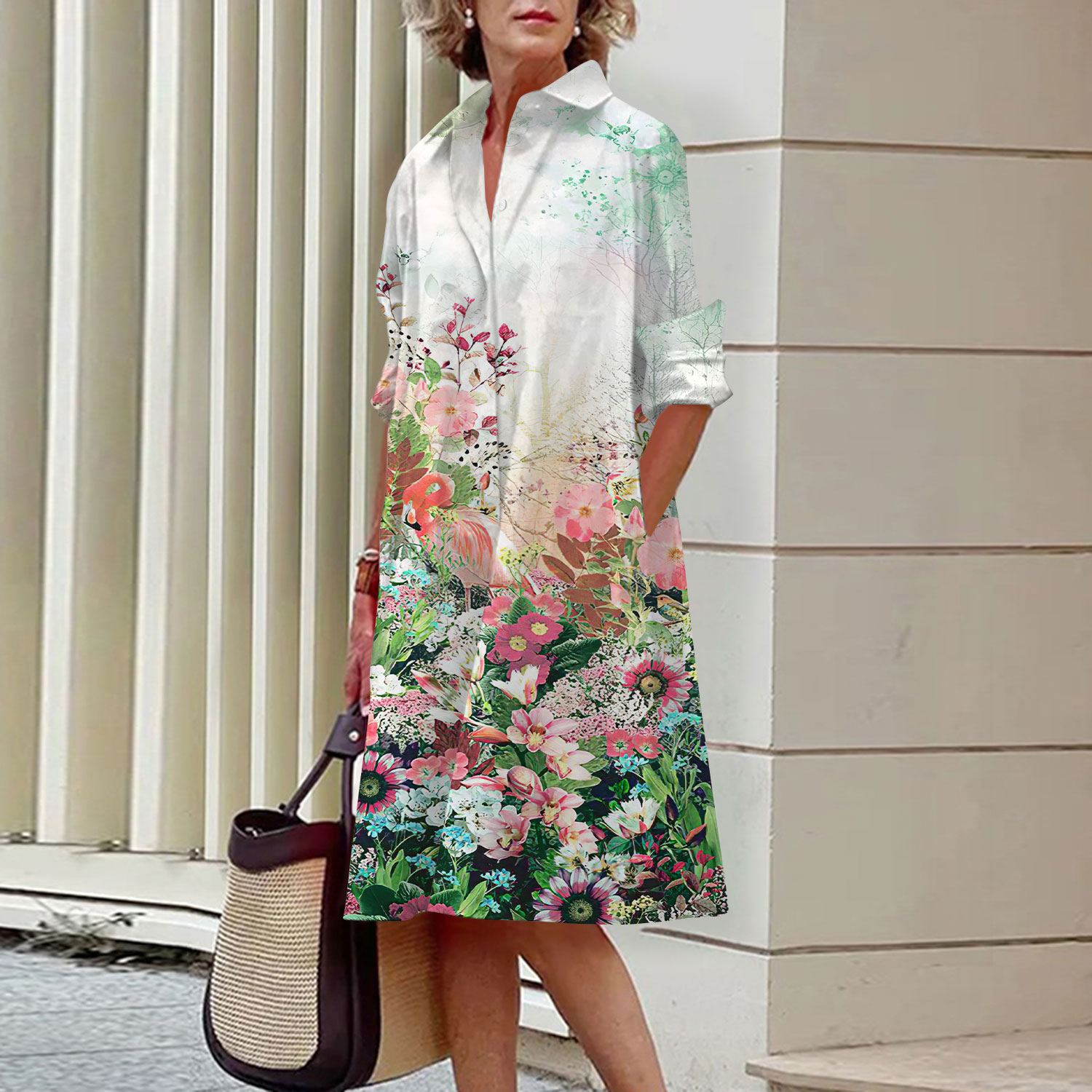 Floral Pattern Shirt Dress Ele - Midi Skirt Floral ulasan dan harga