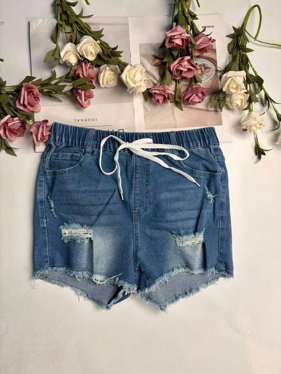 Womens Elastic Waist Frayed He - Shorts Denim Frayed ulasan dan harga