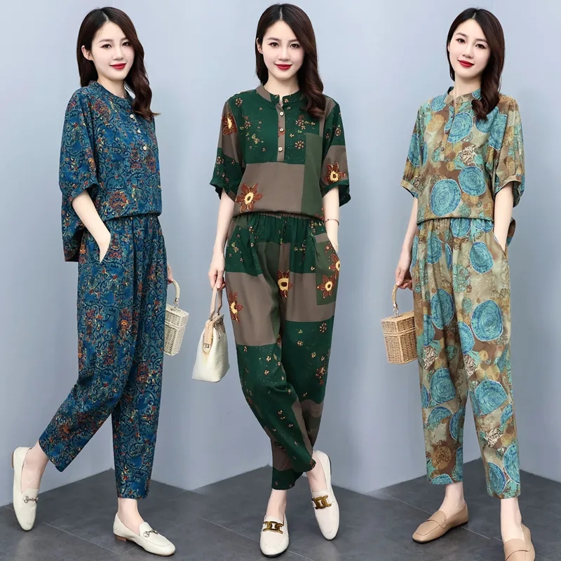 Middle Aged Mother Summer Suit - Linen Pant Wide ulasan dan harga