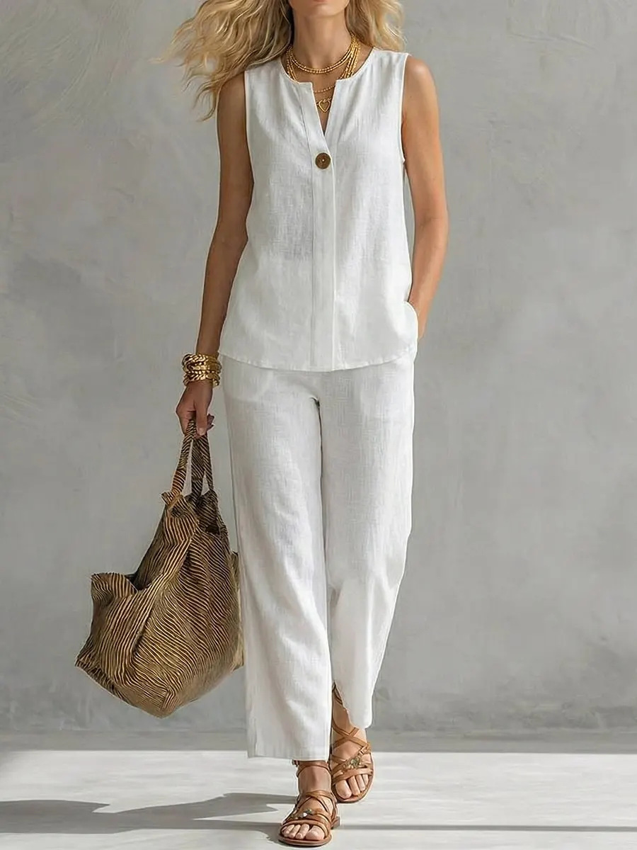 Single Button Sleeveless Linen - Linen Pant Wide ulasan dan harga