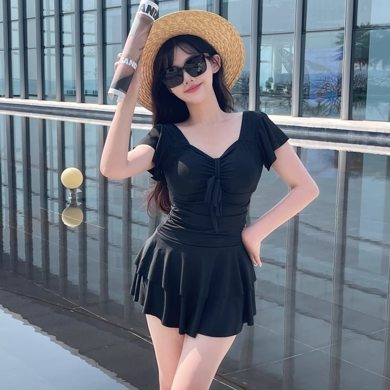 Women's Red V Neck Skirted One - Swimsuit Bikini Ruched ulasan dan harga