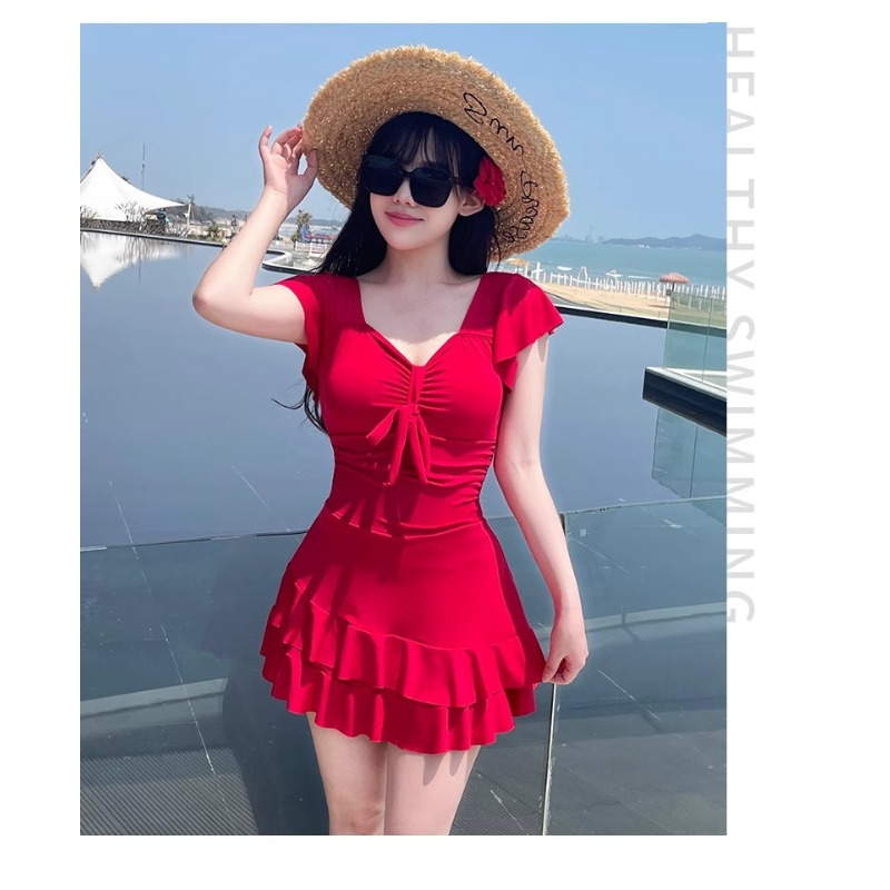 Women's Red V Neck Skirted One - Swimsuit Bikini Ruched ulasan dan harga
