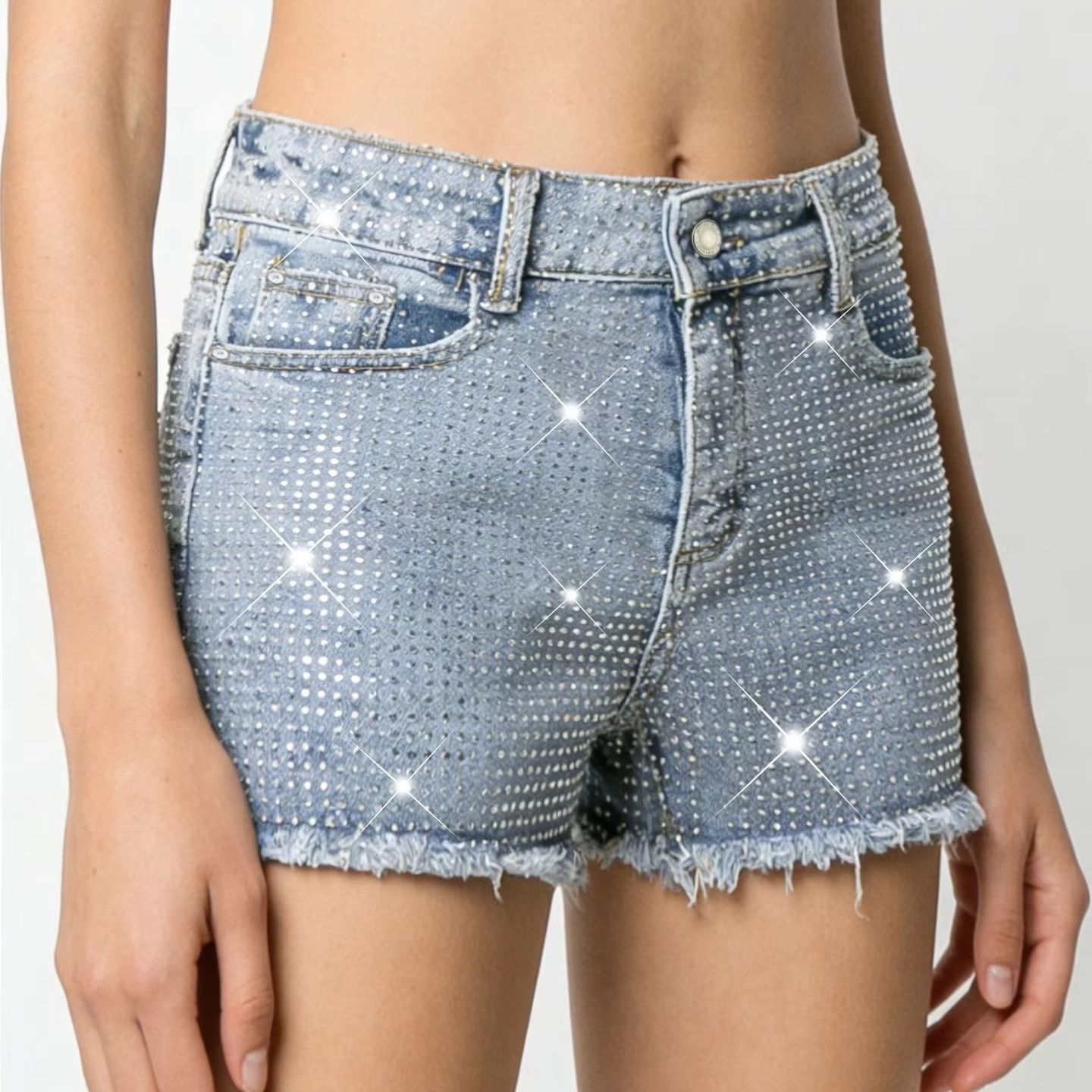 2026 New Full-Bejeweled Elasti - Shorts Denim Frayed ulasan dan harga