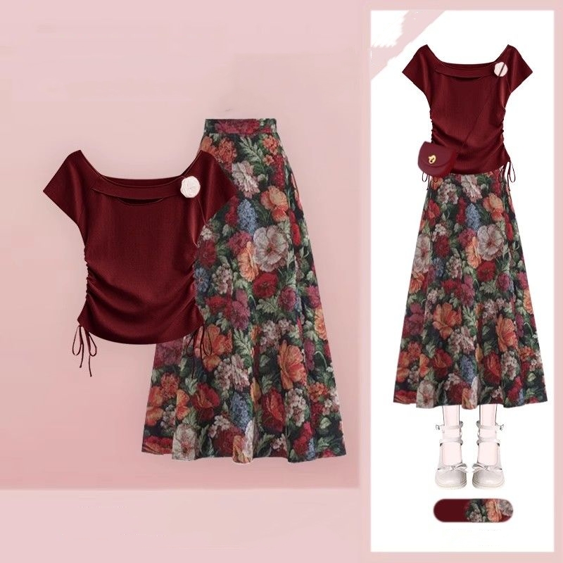 Women Lucky Wine Red T-Shirts  - Midi Skirt Floral ulasan dan harga