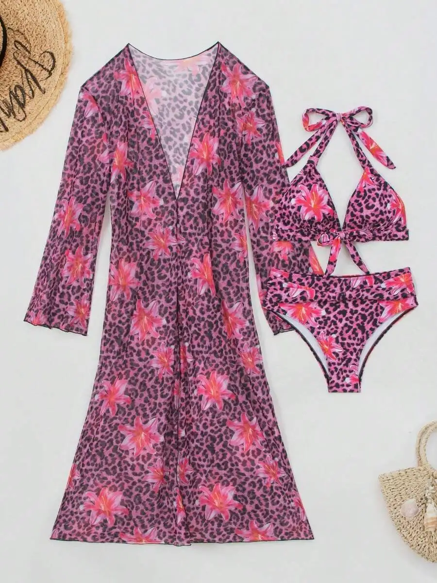 Womens 3-Piece Leopard Floral  - Kimono Sheer Floral ulasan dan harga
