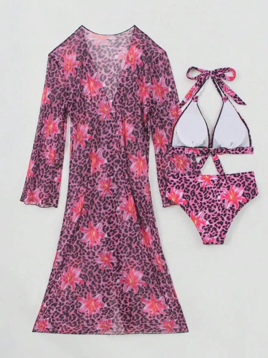 Womens 3-Piece Leopard Floral  - Kimono Sheer Floral ulasan dan harga