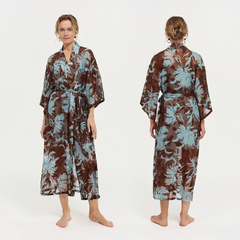 Women Black White Ink Floral S - Kimono Sheer Floral ulasan dan harga